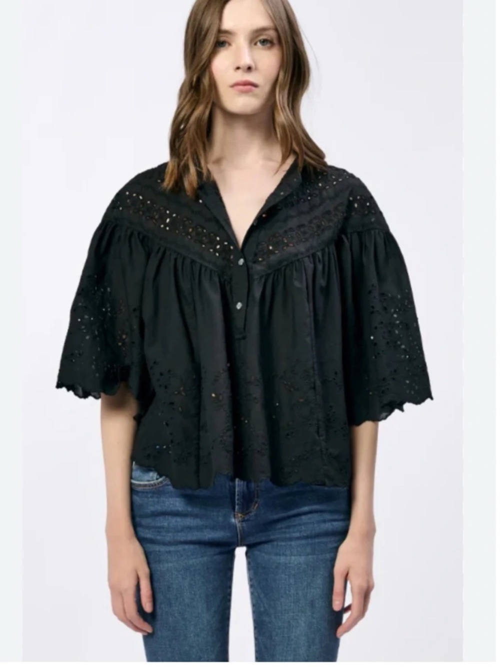 Madewell Black Eyelet Elodia Peasant Top, Size XS